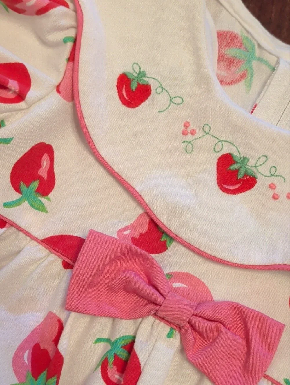 Vintage White Baby Bubble Romper with Red Strawberry Print and Pink Bow